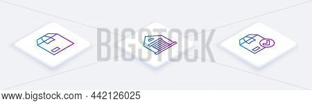 Set Isometric Line Carton Cardboard Box, Warehouse And Ackage With Check Mark. White Square Button. 