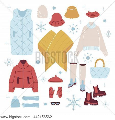 Set Trendy Winter Clothes. Down Vest, Hat, Mitten, Glasses, Boot, Jacket, Kimono, Chelsea, Bag, Bere