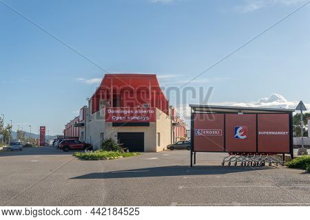 Campos, Spain; December 05 2021: Sign With The Logo Of The Eroski Supermarket Chain On A Sunny Morni