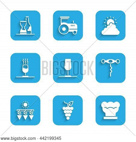 Set Wine Glass, Bunch Of Grapes, Chef Hat, Corkscrew, Drying, Tasting, Degustation, Sun And Cloud We