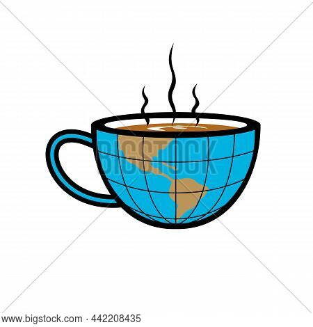 Retro Style Illustration Of A Smoking Hot Cup Of Coffee With Half The Globe World Map On Isolated Wh