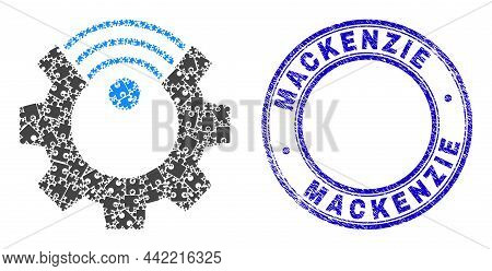 Puzzle Smart Gear Mosaic Icon With Mackenzie Stamp. Blue Vector Rounded Distress Watermark With Mack