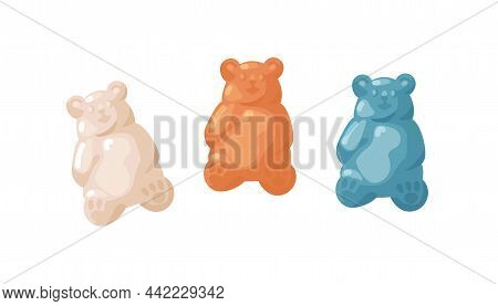 Sweet Gummy Bears. Sugar Jelly Babies Set. Fruit Gelatin Gums Of Different Flavors. Cute Edible Tedd