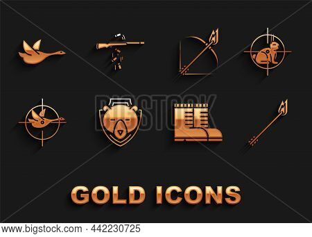 Set Bear Head On Shield, Hunt Rabbit With Crosshairs, Flame Arrow, Hunter Boots, Duck, Bow And Fire,
