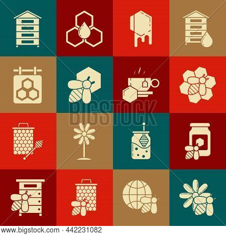 Set Bee And Flower, Jar Of Honey With Bee, Honeycomb, Honeycomb, Hanging Sign, Hive For Bees And Cup