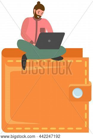 Investment Growth With Digital Technology. Businessman Sitting On Wallet Is Working On Laptop. Accum