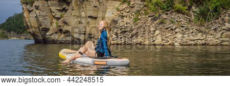 Banner, Long Format Young Women Having Fun Stand Up Paddling In The Sea. Sup. Red Hair Girl Training