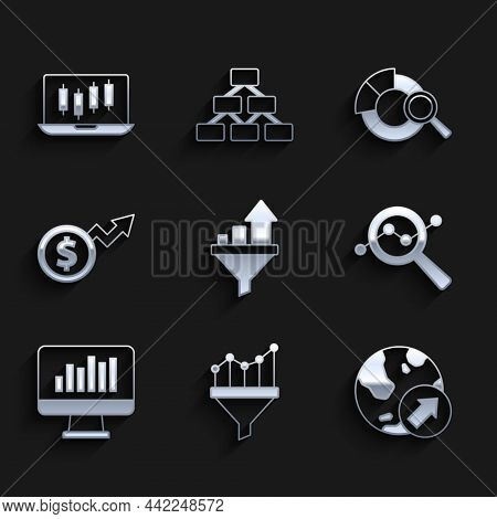 Set Sales Funnel With Chart, Financial Growth, Search Data Analysis, Monitor Graph, Dollar, And Stoc