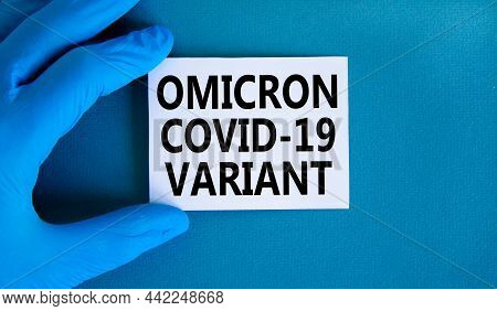 New Covid-19 Omicron Variant Strain Symbol. Hand In Blue Glove With White Card. Concept Words Omicro