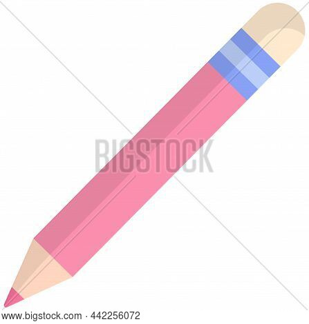 Long Pencil With Eraser. Sketching And Painting Tool On White Background. Sharpened Pencil For Writi