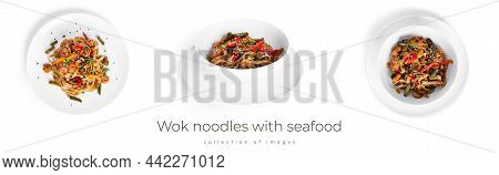 Wok Noodles With Seafood Isolated On A White Background. Pasta With Shrimp And Mussels.