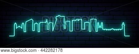 Blue Neon Skyline Of Acapulco. Bright Acapulco City Long Banner. Vector Illustration.