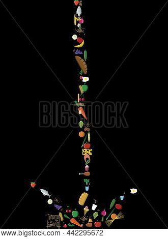 Flat Food Icons. Symbols On The Black Background And Vertical Jet Shape