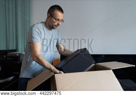Adult Man Small Business Owner Packing Order Box Package Shipping To Customer. Entrepreneur Packagin