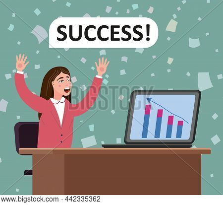 Successfull Businesswoman Joiful Happy, Performance Graphs Growth Are On The Top Of Success. Profita