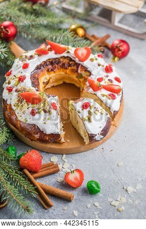 Epiphany Cake, Kings Cake, Roscon De Reyes Or Rosca De Reyes. Traditional Spanish Christmas Cake.
