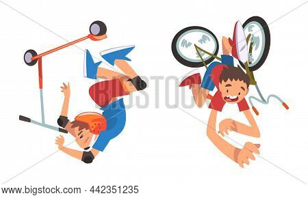 Boy Falling Off Bike And Kick Scooter Vector Set