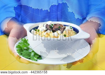 Multiple Exposure Of Woman Holding Bowl Of Banosh, Map And National Flag. Traditional Ukrainian Dish