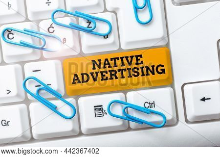 Sign Displaying Native Advertising. Business Approach Online Paid Ads Match The Form Function Of Web