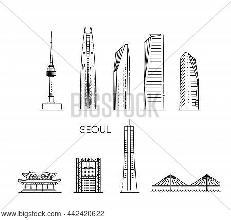 Seoul Detailed Monuments Silhouette. Vector Flat Illustration