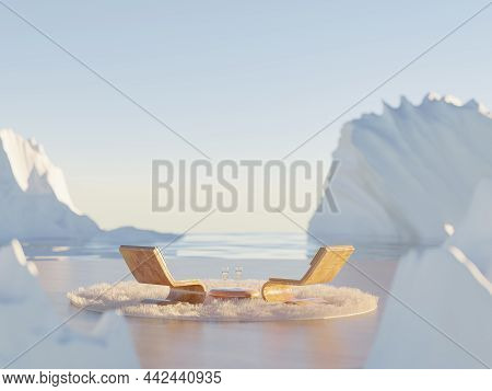 Restorative Escape Concept. Winter Arctic Surreal Place With Fluffy Carpet And Wooden Lounge Chairs 