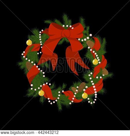Vector Christmas Firry Wreath With Red Ribbon