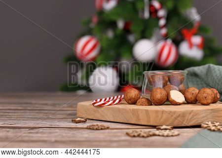 Christmas Sweets Called 'marzipankartoffeln'. Round Ball Shaped Almond Paste Pieces Covered In Cinna