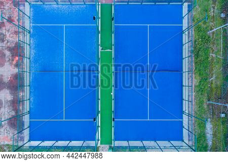 Aerial View With Drone, Overhead Shot Of A Paddle Tennis Courts. Racket Sports Concept