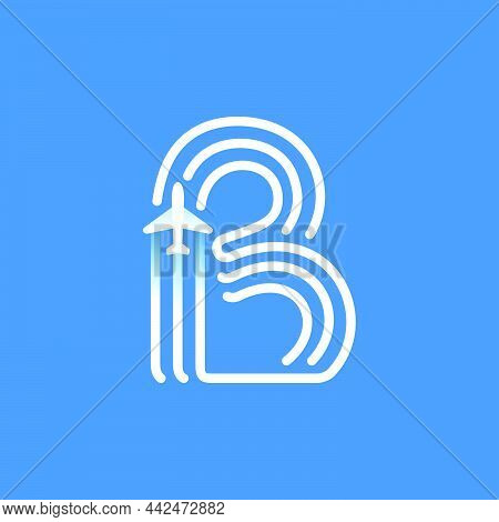 Letter B Logo Is Made Of Three Parallel Lines With A Plane Icon. Vector Emblem For A Travel App, Jet