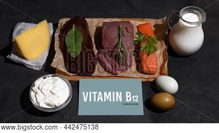 A Set Of Natural Products Rich In Vitamin B12 Cobalamin. Healthy Food Concept. Cardboard Sign With T