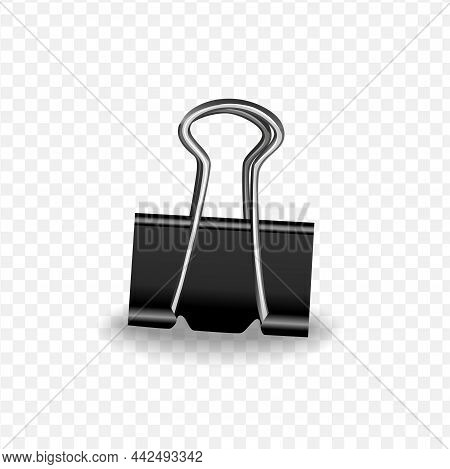 Office Metal Black Clip With Shadow, Realistic Vector Illustrations