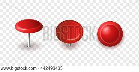 Red Pushpins Sticking Out Of The Paper, Realistic Vector Illustrations