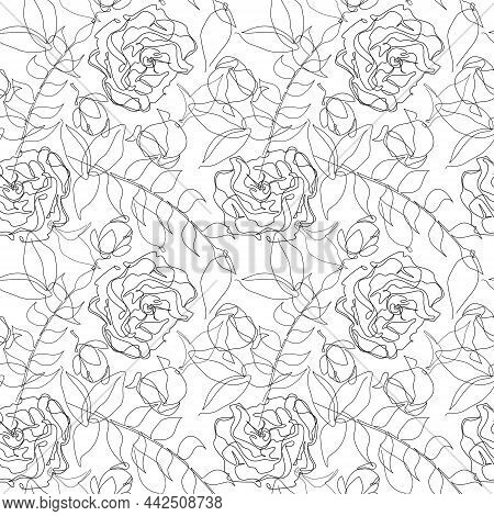 Black One Line Art Seamless Pattern. Cherry Blossom Flowers, Roses, Branch And Leaves.
