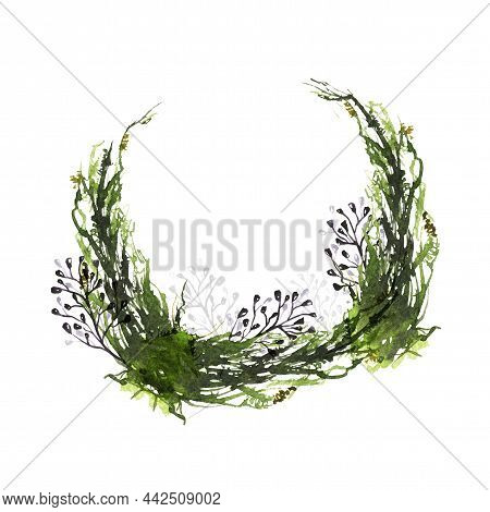 Watercolor Painted Floral Wreath. Arrangement With Black Branches And Forest Green Moss.