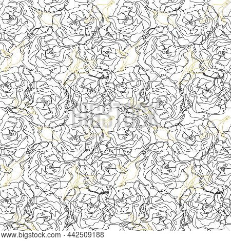Black One Line Art Seamless Pattern. Cherry Blossom Flowers, Roses And Gold Texture Leaves.