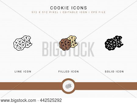 Cookie Icons Set Vector Illustration With Solid Icon Line Style. Biscuit Bite Concept. Editable Stro