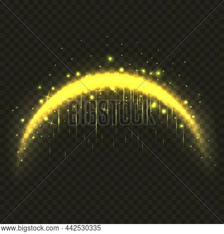 Magic Golden Arc. 3d Realistic Lighten Gold Arch. Fairy Curve Shiny Line With Sparkles Stars And Gli