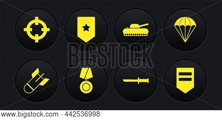 Set Aviation Bomb, Parachute, Military Reward Medal, Knife, Tank, Chevron, And Target Sport Icon. Ve