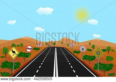Australian Road With Warning Kangaroos Traffic Sign, Red Landscape And Blue Sky. Outback In Australi