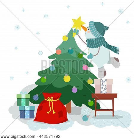 Cute Cartoon Snowman In A Hat On A Stool.