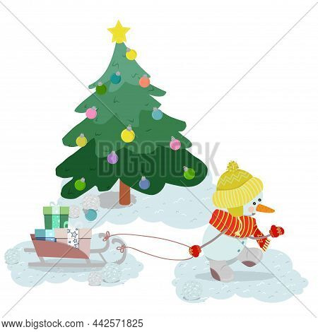 Cute Cartoon Snowmen In A Hat Carry A Sled.