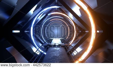 3d Render. Abstract Interior Sci-fi Spaceship Corridor With Yellow And Blue Neon Glowing Tube Lights