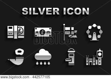 Set Cloud With Rain, London Eye, Big Ben Tower, Mail Box, Smoking Pipe, England Flag Flagpole, Pound