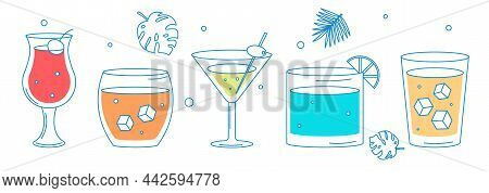 Set Of Cocktails. Collection Of Summer Tropical Drinks. Freshness, Fruits, Vitamins, Healthy Food. E
