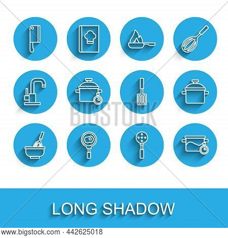 Set Line Kitchen Whisk With Bowl, Fried Eggs On Frying Pan, Meat Chopper, Spatula, Cooking Pot, And 