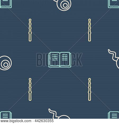 Set Line Eye, Magic Wand And Ancient Magic Book On Seamless Pattern. Vector