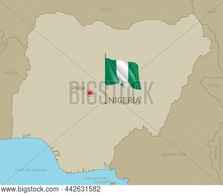 Highly Detailed Map Of Nigeria With National Flag. Editable Nigerian Gray Map With Region Borders, N