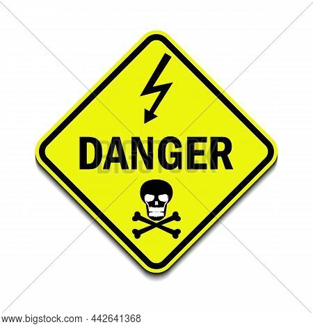 Danger Electrical Hazard High Voltage Sign Isolated, Death Scull And Shock On Black Triangle Over Ye