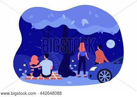 Couples Looking At Night Sky In Stars And Mountain Landscape. Female And Male Characters On Date Fla