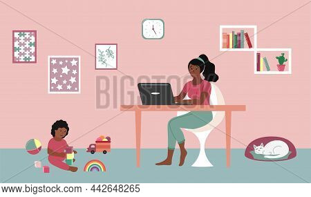 Mother Works At Home With Laptop. Baby Toddler Playing With Toys On Floor. African American Woman Wo